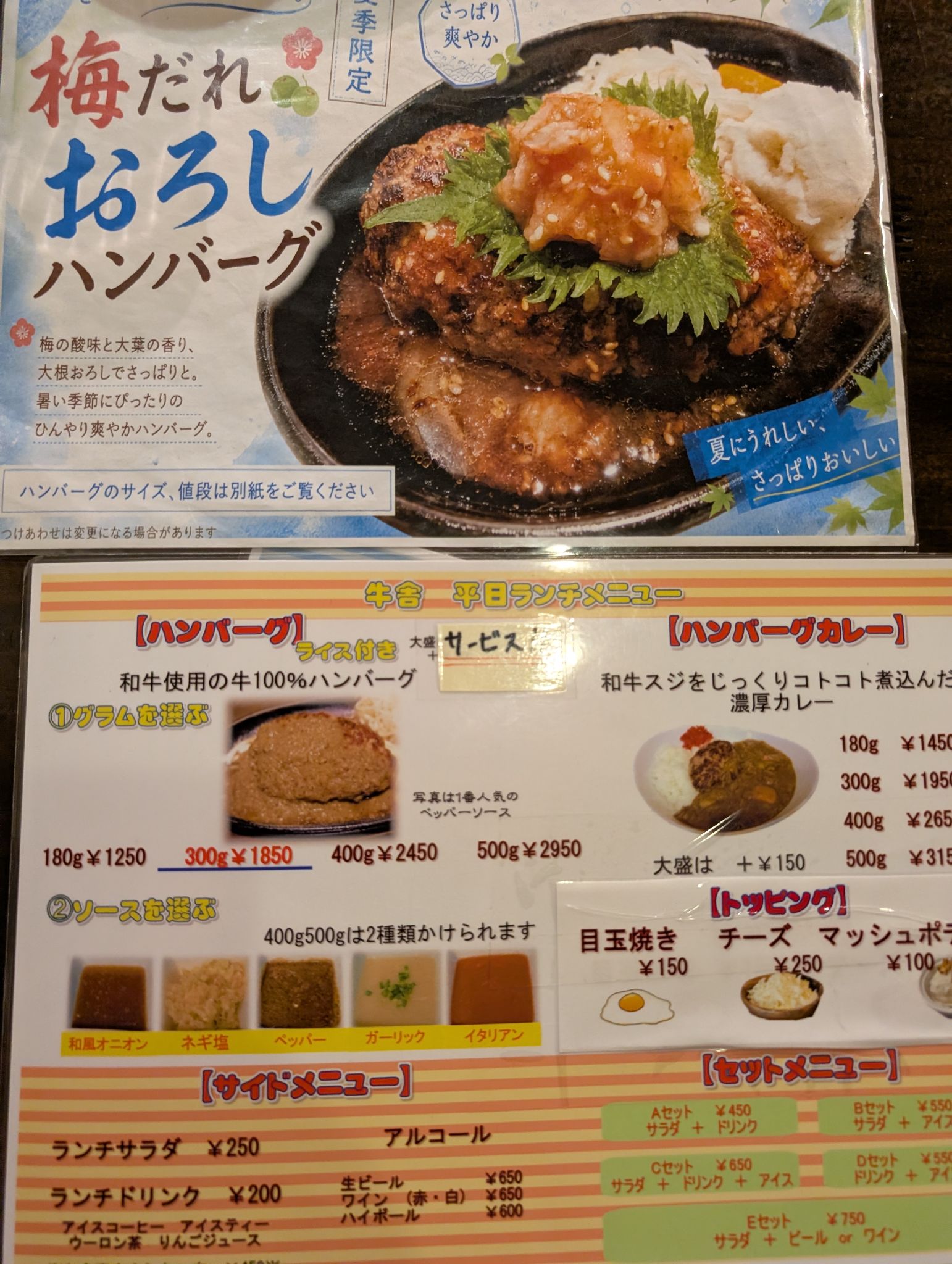 牛舎で見た梅だれおろしハンバーグと平日ランチのメニュー